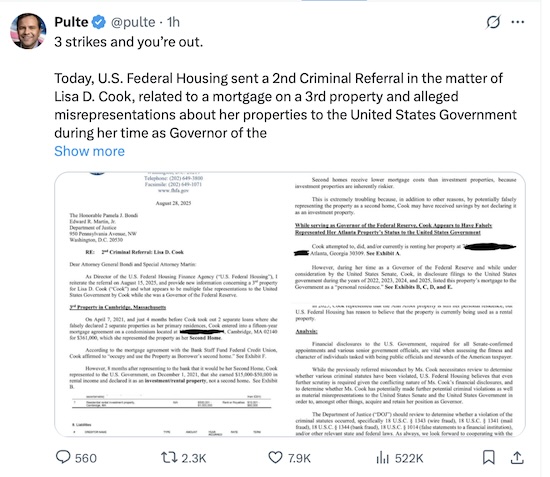 美聯(lián)儲理事庫克涉第三處房產(chǎn)虛假申報？聽證會在即，特朗普陣營加碼指控